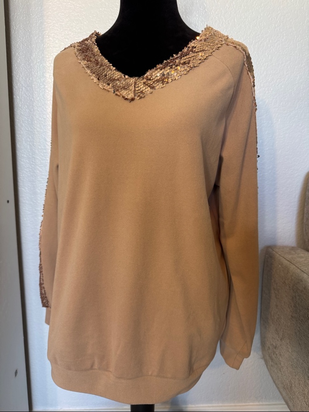 Sequin Trim Camel Sweater